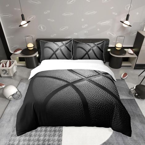 Parure de lit avec housse de couette de 135 x 200 cm, motif 3D de basket-ball, en microfibre douce, avec fermeture éclair, pour garçons et enfants - Noir (1/5)