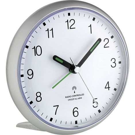 Réveil analogique Radio-piloté, Horloge Silencieux, Alarme Forte, Chiffres Bien lisibles, Horloge de Chambre, Bureau d'accueil, avec Fonction Snooze, éclairé, Haut, argenté (1/2)