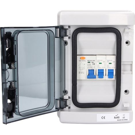 Boîte de distribution bidirectionnelle 230 V, conforme aux normes européennes, étanche, avec disjoncteur différentiel (63 A, monophasé + neutre) de type B et 2 MCB (B6A + B32A). (1/5)