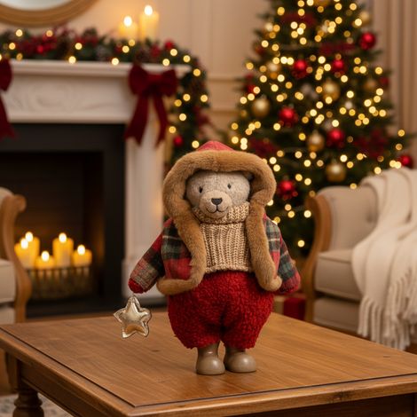 Orso con cappuccio marrone in piedi per decorazioni natalizie da h 40 cm (1/4)