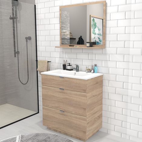Waschbeckenunterschrank mit 3 Schubladen MARBELLA 80 cm + Waschbecken / Gebleichte Eiche/ (1/5)
