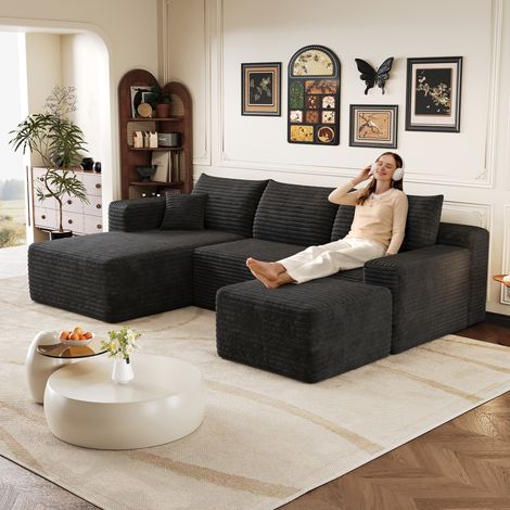 Canapé d'angle 241 cm motif nuage, style minimaliste moderne, assise profonde et confortable, livré monté — noir (1/4)