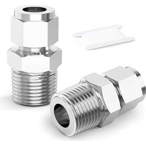 2 x Xydable 304 Stainless Steel Compression Fitting, Male BSP 3/8" X Hose OD 6 mm for Hydraulic and Pneumatic Systems (1/5)