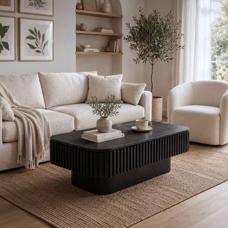 DESMIU Table basse rectangulaire 98 cm avec plateau amovible et rangement caché, pour salon, MDF et bois massif, noir (1/4)