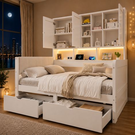 DESMIU Lit banquette 90 × 200 cm avec LED, USB, USB-C, prise et 2 tiroirs, sans matelas, blanc en MDF et PU (1/5)