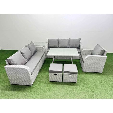 Fimous 7 Pieces Outdoor PE Rattan Garden Furniture with Cushions Reclining Chair Side Table 2 Small Stools Light Grey (1/4)