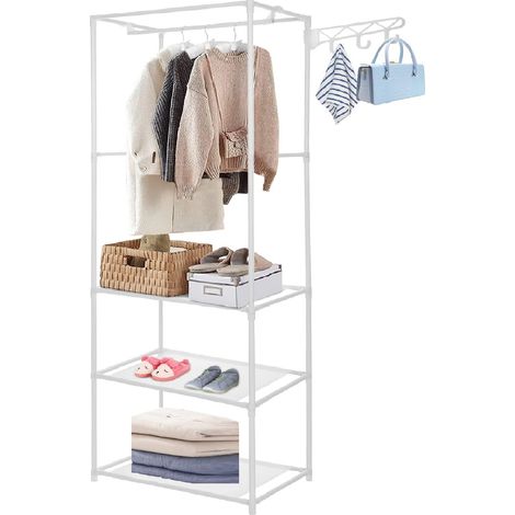 Youyijia Clothe Rail Clothing Rack 171x55x36cm Heavy Duty Freestanding Garment Rack with Hooks and 3 Tiers Storage Shelves Shoe Rack Wardrobe Display Stand Closet Organizer for Bedroom White (1/5)