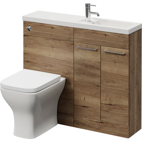 Napoli 250 Tobacco Oak 1000mm 2 Door Vanity Unit Toilet Suite with Square Silvo Basin - 1000mm - Chrome 160mm HandleWith Kingston Toilet Pan and Seat