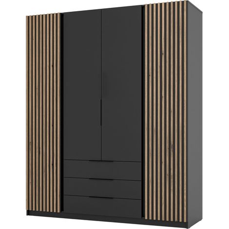 Selsey Kaja - Kleiderschrank 4-türig mit Lamellen & 3 Schubladen, 200 cm, schwarz (1/4)