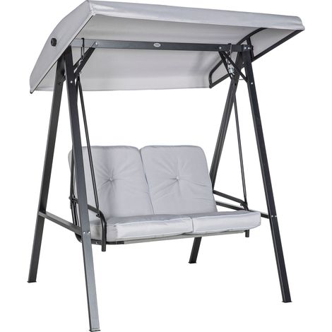 Balançoire Hollywood 2 places auvent réglable, avec coussin, charge max 220 kg, gris, 145 x 116 x 172 cm, pour jardin et terrasse