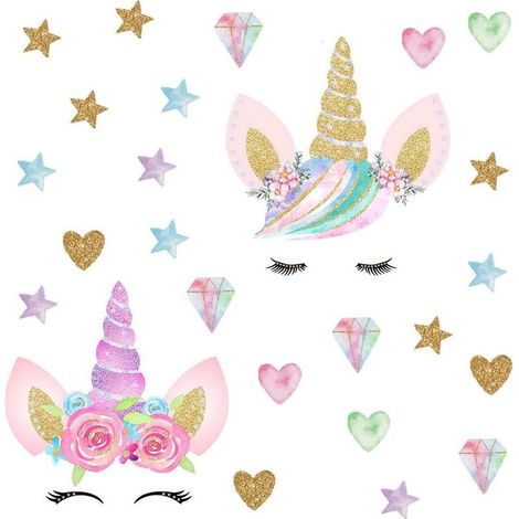 2 Pièces Autocollant Mural Licorne, Sticker Décoratif Dessin Animé pour Mur Intérieur, Adhésif Sans Marque pour Chambre d'Enfant (1/5)
