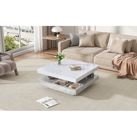 Table basse blanche effet marbre en panneaux de particules avec plateau pivotant à 360 et rangement pour salon et séjour (1/5)
