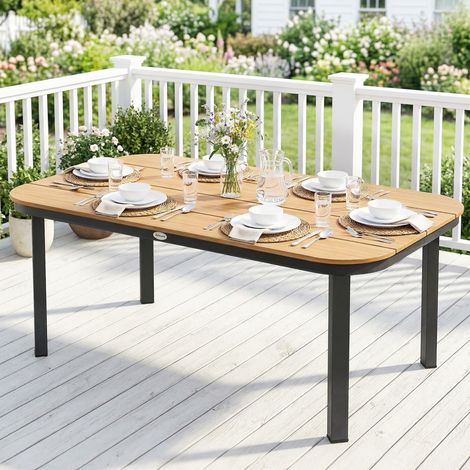Table de jardin rectangulaire 155x88x72cm en bois composite WPC beige, plateau à lattes bords arrondis pour 4 à 6 personnes, mobilier d'extérieur (1/5)