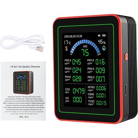 Ej.Life Moniteur de CO2, compteurs de qualité de l’air intérieur 18 en 1, détecteur portable de dioxyde de carbone, CO2 TVOC HCHO PM2.5 PM10 Testeur pour la maison et le bur (1/5)