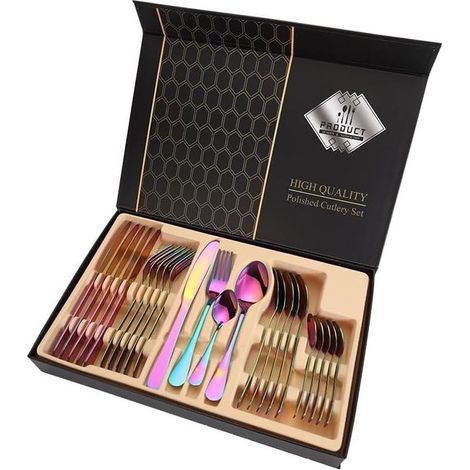 24-teiliges silbernes Besteckset inklusive Messer, Gabeln und Löffeln, hochwertige Geschenkbox, schwarz (Regenbogenfarbe) (1/5)