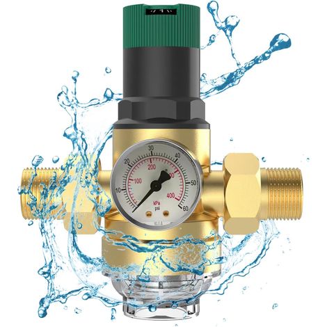 1 Inch Water Pressure Reducer, DN25 Water Pressure Regulator with Pressure Gauge and Sieve Filter, Brass Water Pressure Reducer for Homes, Buildings, Factories (Yellow) (1/5)