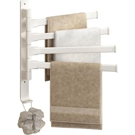 Porte-serviettes mural, porte-serviettes avec 4 tiges, pivotant à 180°, sans perçage, adapté aux salles de bains et cuisines, blanc (1/5)