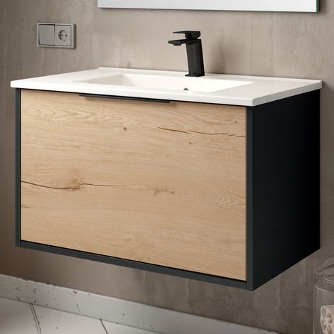 Meuble de salle de bain 80cm simple vasque - 1 façade et 2 tiroirs - sans miroir - ALBA (1/2)