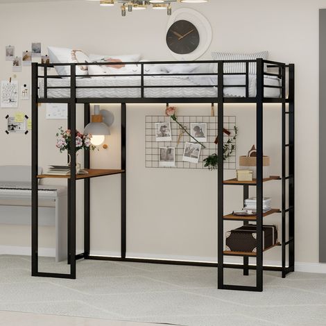Lit superposé en fer avec bureau intégré, dimensions 90x190 cm, idéal pour chambre d'enfant ou ado, structure métallique avec garde-corps et échelle, espace de rangement sous le lit (1/5)