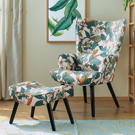 Fauteuil d'angle HomeMiYN avec coussin et tabouret inclus - Canapé simple de salon en tissu vert fleuri tropical (1/4)