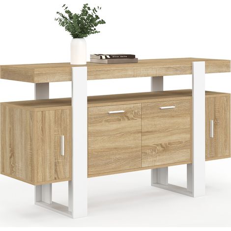 Idmarket – Buffet 140 cm 4 portes bois et blanc – Dimensions 140 x 40 x 80 cm – Style industriel moderne – Rangement optimisé pour salle à manger