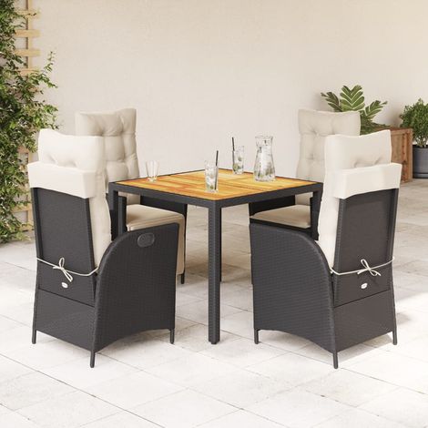 Ensemble de Jardin 5 Places en Résine Tressée Noir avec Coussins Crème, Table Acacia 90x90cm, Chaises Inclinables et Repose-Pieds (1/5)