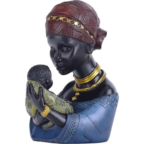 Statue africaine de la mère et de l'enfant maison pièces de résine noire sculpture afro-américaine salon bureau étagères idéales étagères (1/5)