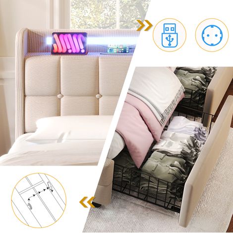 Lit rembourré avec charge, fonction de charge USB, éclairage à tête de lit et LED et 2 tiroirs, lit simple 90x200cm, lits rangeants, cadre de lit, base à lattes en bois, beige (sans matelas)