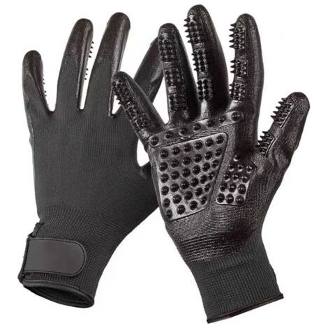 Gants de brossage multifonctions pour chevaux - Gants de massage en caoutchouc - Brosse en crin de cheval - Pour chiens et chats - 1 paire - Noir (1/3)