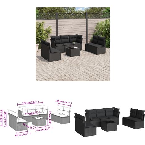 Salon de jardin 8 pcs avec coussins noir résine tressée - Ensemble Salon De Jardin - Mobilier De Jardin - Canapé D'extérieur - Résine Tressée - Rotin Synthétique - Home & Living (1/3)