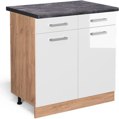 Mueble bajo de cocina R-Line, Blanco alto brillo, 80 cm , ET Antracita, Vicco