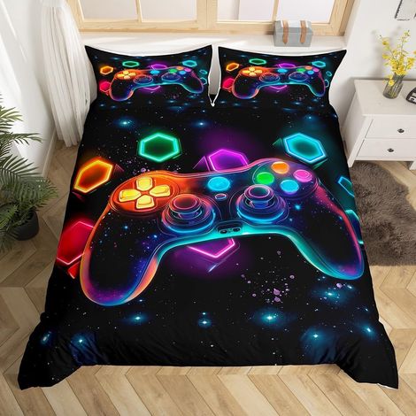 Housse de Couette 240 x 260 Gamer pour Chambre d'enfant, Parure de Lit Ado Garcon Gaming Jeux Vidéo Colorée, Sets de Housses de Couettes Microfibre, avec 2 Taies d'oreiller 65x65 cm - 240x260cm + 2 Ta (1/5)