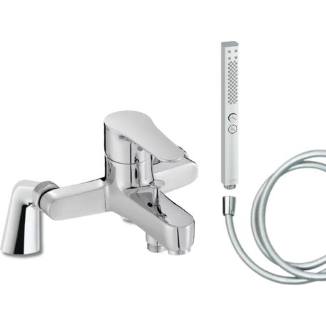 Mitigeur baignoire JACOB DELAFON July + pommeau de douche Shift+ carré + flexible de douche lisse + colonnettes (1/4)