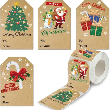 300 étiquettes cadeaux autocollantes de Noël, étiquettes kraft « Joyeux Noël » avec motifs Père Noël, sapin et cadeaux, rouleau de 5 x 7,5 cm pour les cadeaux de Noël, les petits présents et la décora (1/5)