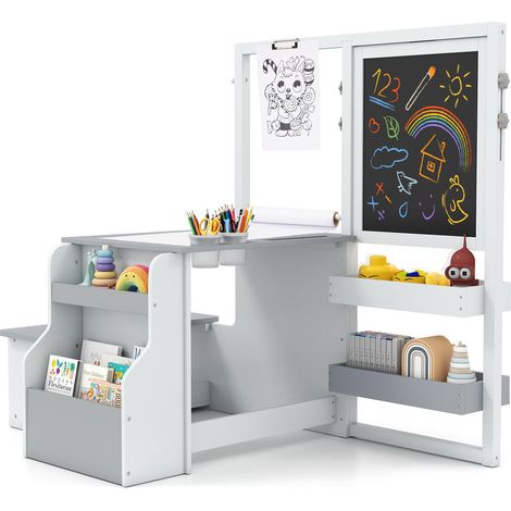 Assemblage facile table d'art enfant avec banc, chevalet réglable double face, tableau noir et blanc (1/5)
