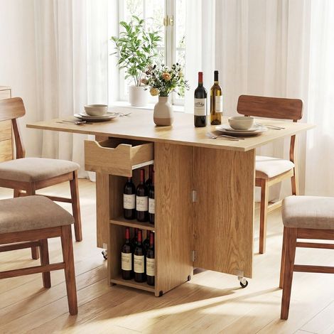 Table à manger pliante en bois clair avec 2 étagères, tiroir et roulettes, convertible en bureau pour cuisine (1/5)