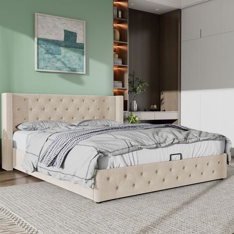 Letto matrimoniale 140x190 cm, doppia fila di rivetti in flanella con sistema idraulico, beige (1/5)