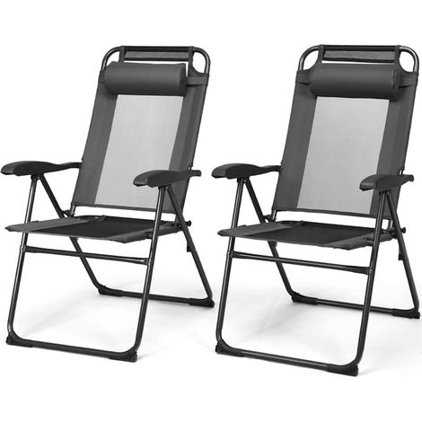 COSTWAY Sillas Reclinables Plegables de Patio de 2 Piezas, Sillas Plegables Ajustables con Reposacabezas, Conjuntos de Bistró de Malla Ventilada para Jardín, Patio, Terraza o Patio Trasero (Gris)