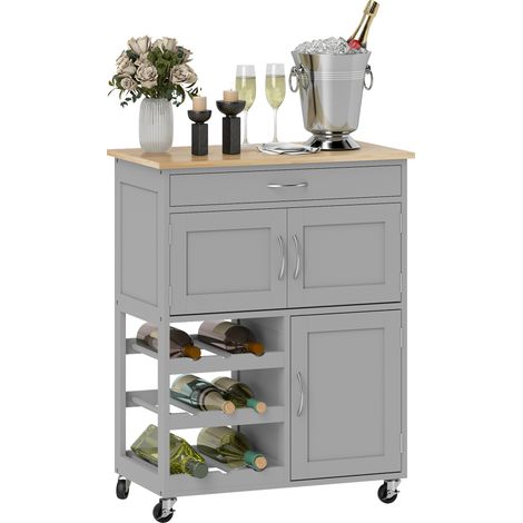 Modern Kitchen Trolley, Rolling Island Storage Cart with Drawer, 9-bottle Wine Rack, Door Cabinets, Wooden Countertop, Grey (1/5)