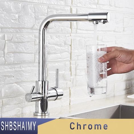 Robinet de cuisine chromé avec filtre pour eau potable pure, montage sur plage, double poignée, mitigeur 3 voies eau chaude/eau froide (1/5)