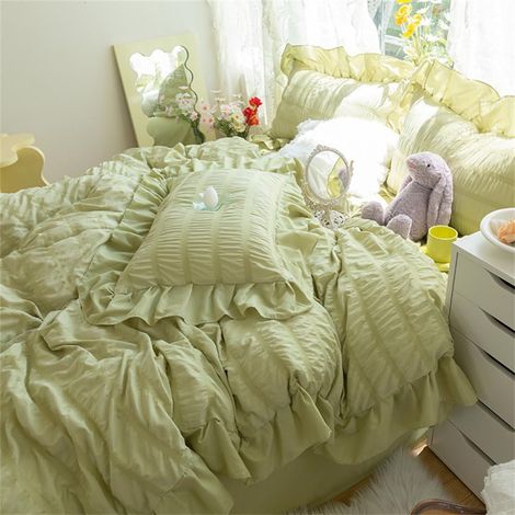 Parure 4 pcs volants seersucker – housse couette King 200×230 cm, drap-housse 150×200 cm, 2 taies 48×74 cm, microfibre légère & respirante, fermeture éclair invisible, vert tendre (1/5)