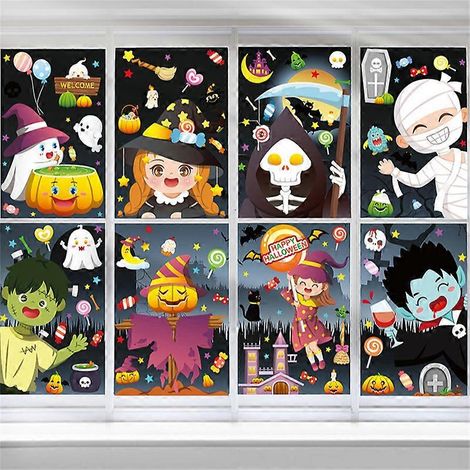 Pegatinas para ventanas de Halloween, decoraciones para ventanas de Halloween, calcomanías para ventanas de Halloween, linda decoración de ventana de Halloween con fantasmas y calabazas para fiestas d (1/5)