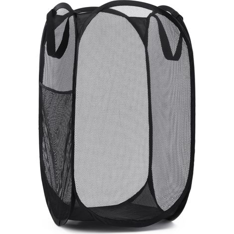 Panier à linge pliable en filet, pratique et doté d'une large ouverture et de poches latérales – respirant de couleur noire. (1/5)