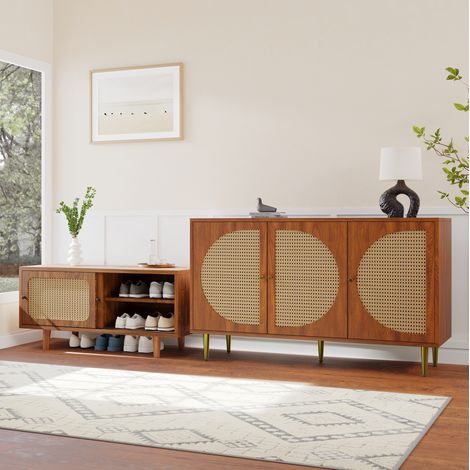 Credenza da soggiorno con 3 ante in rattan e portascarpe in rattan con 2 ante e ripiano regolabile, noce (1/5)