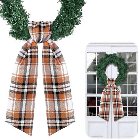 Couronne Automne pour Porte d’entrée avec Ruban à Carreaux – Décoration Automne élégante – Couronne d’Automne intérieure et extérieure, Couronne de Porte décorative, idée déco Noël et saisonnière (1/5)