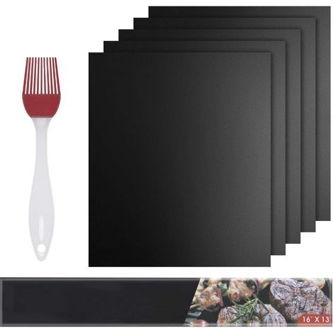 BBQ Grillmatten, Grillmatte (5er Set) Zum Grillen und Backen und Silikon Bürste,40 x 33 cm BBQ Antihaft Grill-und Backmatte Wiederverwendbar PFOA-Frei Schwarz (1/5)