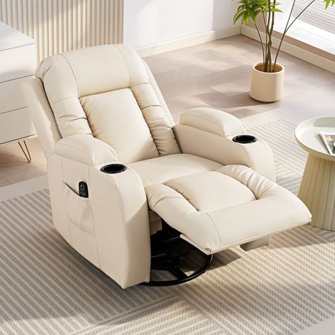 Sillón reclinable con masaje y calefacción, 8 puntos de masaje y 3 modos con control remoto, piel sintética, color crema. (1/5)