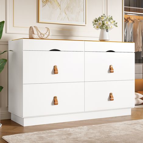 URBAN MEUBLE Commode de chambre dressing blanc top vitré et poignées en cuir 120x40x78cm (1/5)