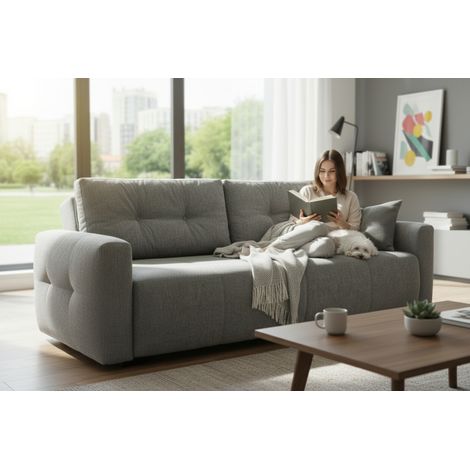 divano letto bellahome "roma" 3 posti in tessuto grigio 236x98x87 cm (1/4)