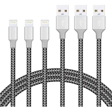 Lot de 3 câbles Lightning de 1,8 m, câble de chargeur iPhone tressé en nylon certifié MFI - Noir (1/2)
